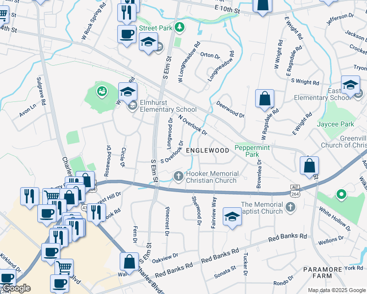 map of restaurants, bars, coffee shops, grocery stores, and more near 1122 South Overlook Drive in Greenville