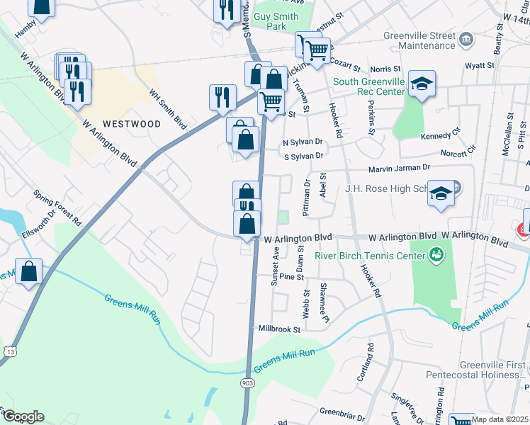 map of restaurants, bars, coffee shops, grocery stores, and more near 2523 South Memorial Drive in Greenville