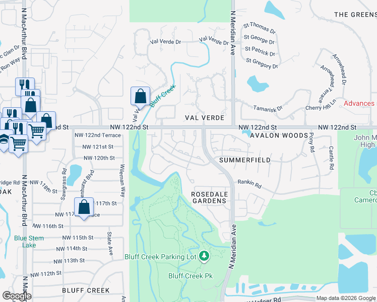 map of restaurants, bars, coffee shops, grocery stores, and more near 12201 Candy tuft Lane in Oklahoma City