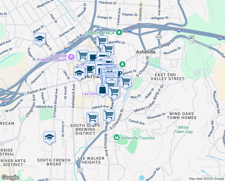 map of restaurants, bars, coffee shops, grocery stores, and more near 52 Biltmore Avenue in Asheville