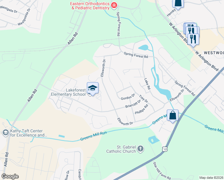 map of restaurants, bars, coffee shops, grocery stores, and more near 3202 Gordon Drive in Greenville