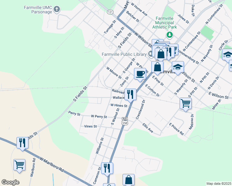 map of restaurants, bars, coffee shops, grocery stores, and more near 4363 Railroad St in Farmville