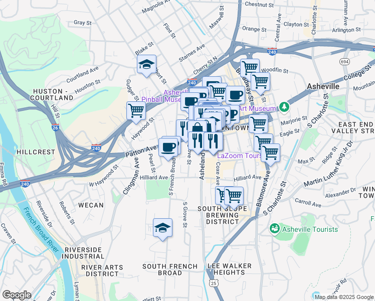 map of restaurants, bars, coffee shops, grocery stores, and more near 23 Grove Street in Asheville