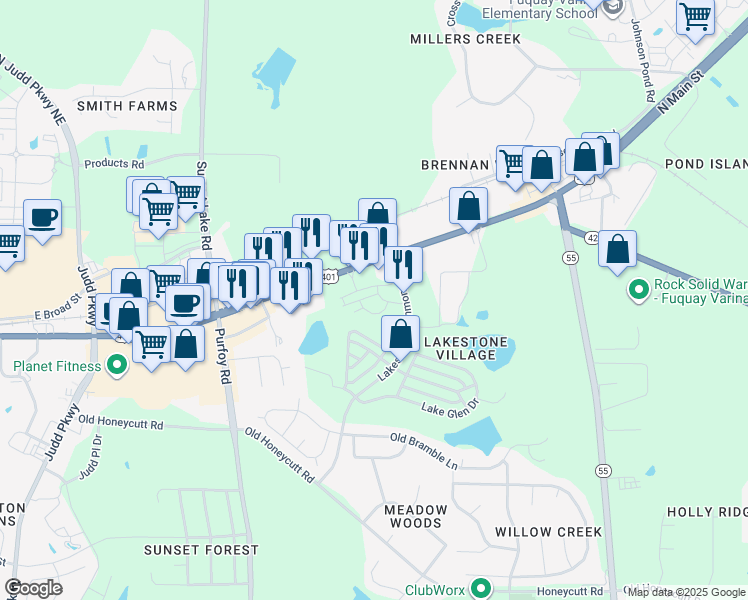 map of restaurants, bars, coffee shops, grocery stores, and more near 1480 North Main Street in Fuquay-Varina