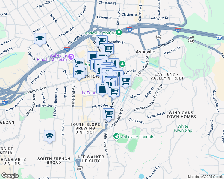 map of restaurants, bars, coffee shops, grocery stores, and more near 34 Biltmore Avenue in Asheville