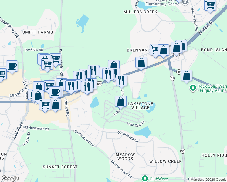 map of restaurants, bars, coffee shops, grocery stores, and more near 1480 North Main Street in Fuquay-Varina
