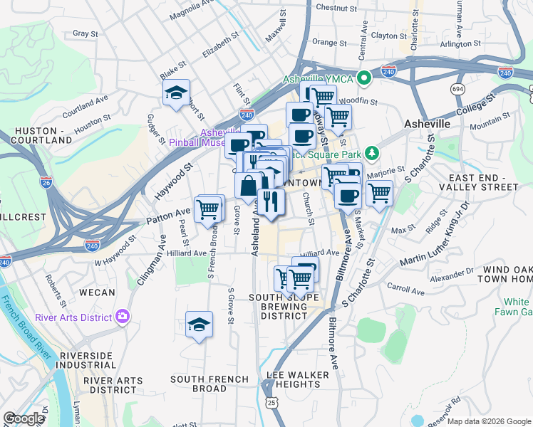 map of restaurants, bars, coffee shops, grocery stores, and more near 33 Coxe Avenue in Asheville