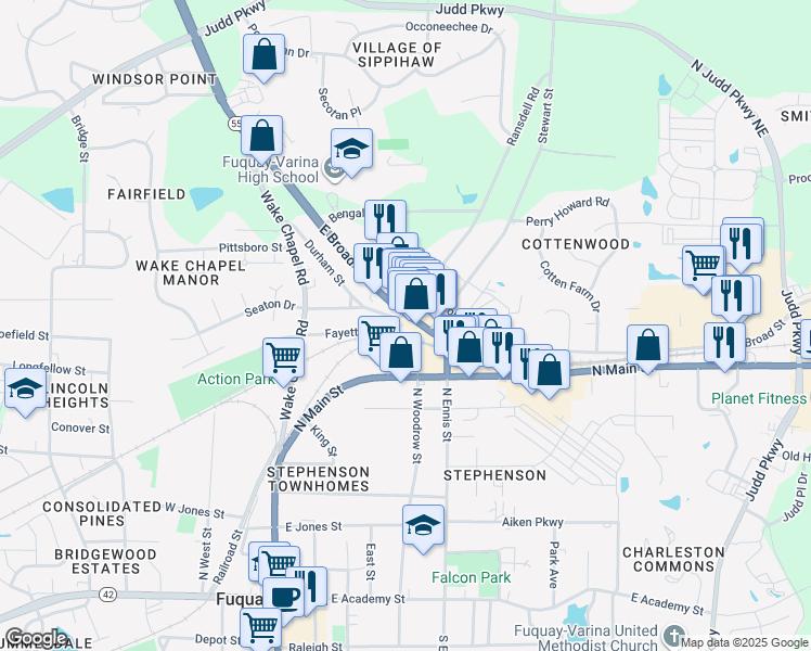 map of restaurants, bars, coffee shops, grocery stores, and more near 420 Broad Street in Fuquay-Varina