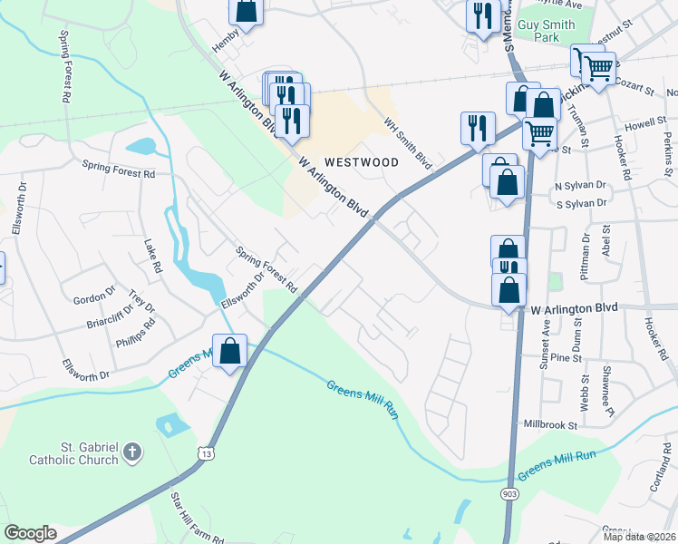 map of restaurants, bars, coffee shops, grocery stores, and more near 2721 Dickinson Avenue in Greenville