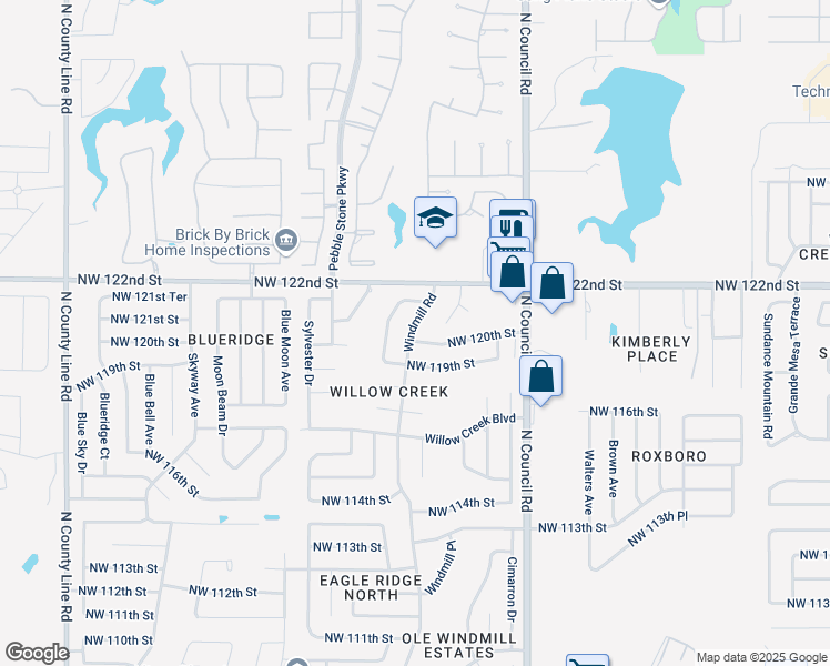 map of restaurants, bars, coffee shops, grocery stores, and more near 12115 Windmill Road in Oklahoma City