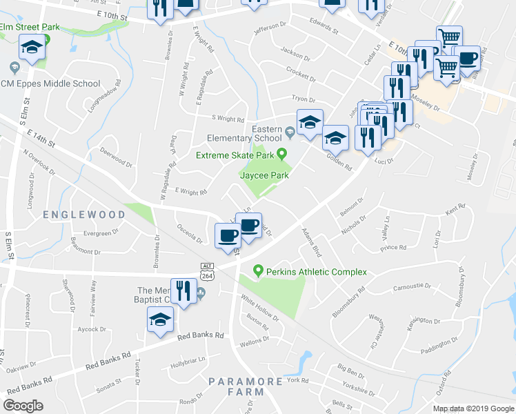 map of restaurants, bars, coffee shops, grocery stores, and more near 101 B David Dr (B Drive) in Greenville