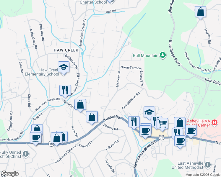 map of restaurants, bars, coffee shops, grocery stores, and more near 21 Pinedale Road in Asheville