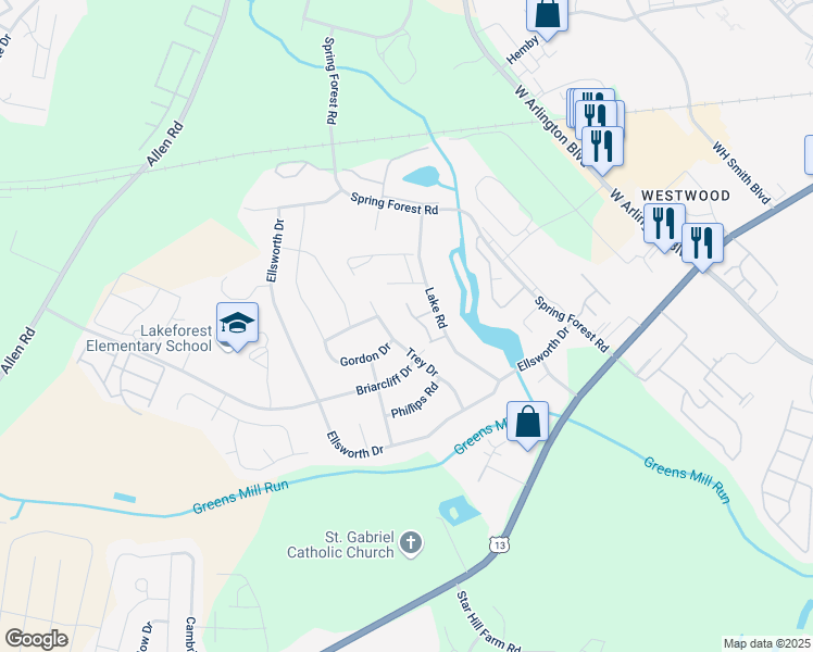 map of restaurants, bars, coffee shops, grocery stores, and more near 2936 Flint Ridge Road in Greenville