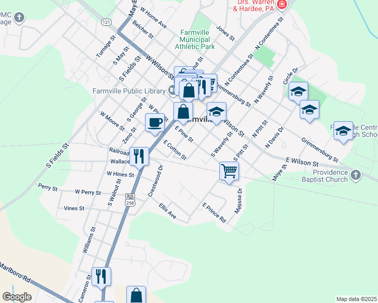 map of restaurants, bars, coffee shops, grocery stores, and more near 3458 South Green Street in Farmville