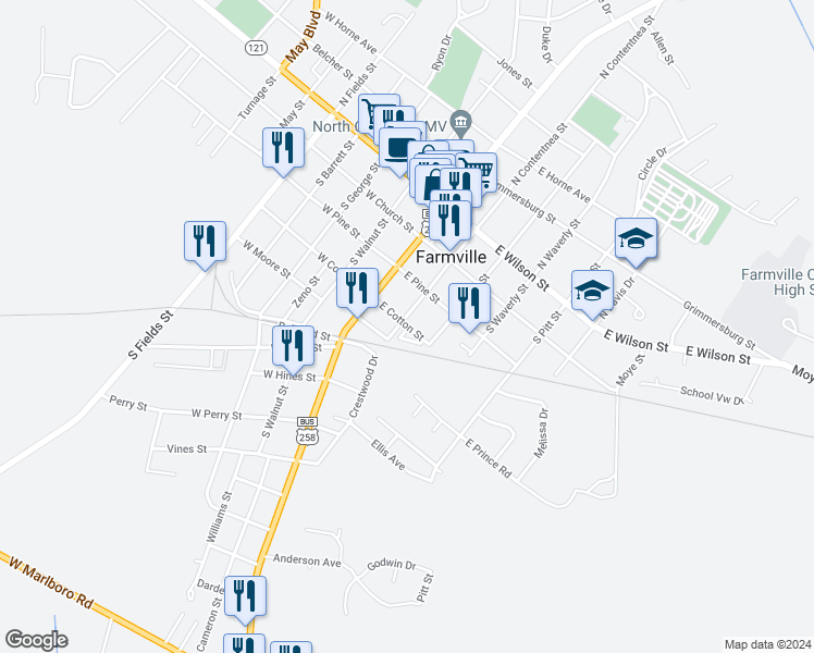 map of restaurants, bars, coffee shops, grocery stores, and more near 101-199 East Cotton Street in Farmville