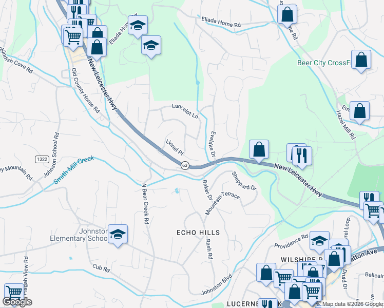 map of restaurants, bars, coffee shops, grocery stores, and more near 3 King Arthur Place in Asheville