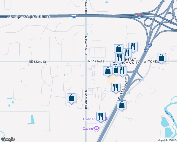 map of restaurants, bars, coffee shops, grocery stores, and more near 12221 Woodland Hills Drive in Oklahoma City