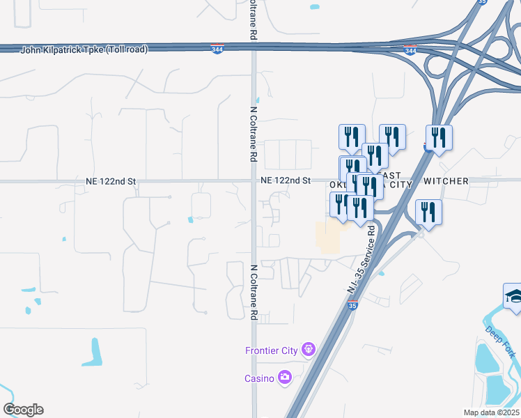 map of restaurants, bars, coffee shops, grocery stores, and more near 12221 Woodland Hills Drive in Oklahoma City