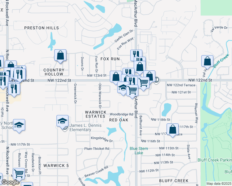 map of restaurants, bars, coffee shops, grocery stores, and more near 12121 Warwick Drive in Oklahoma City