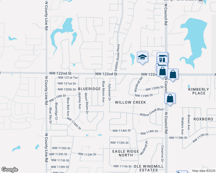 map of restaurants, bars, coffee shops, grocery stores, and more near 12105 Sylvester Drive in Oklahoma City