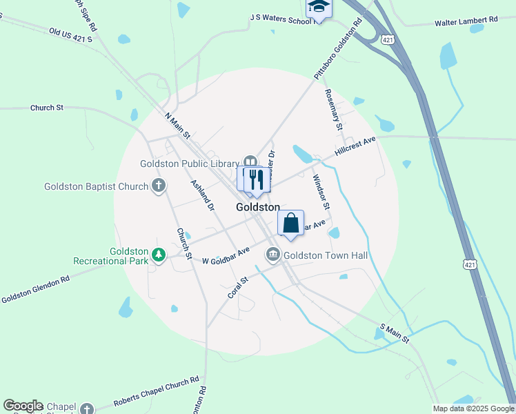 map of restaurants, bars, coffee shops, grocery stores, and more near in Goldston