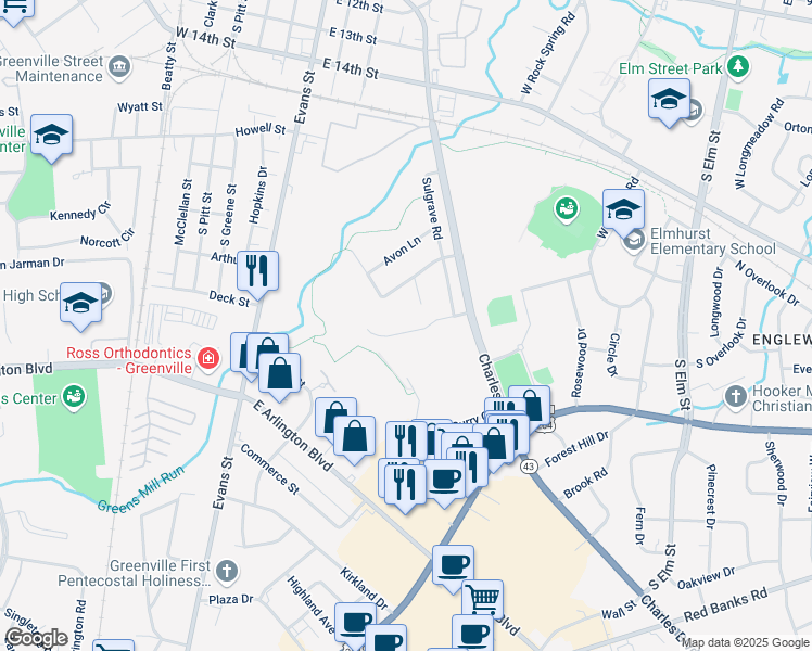 map of restaurants, bars, coffee shops, grocery stores, and more near 114 Stratford Road in Greenville