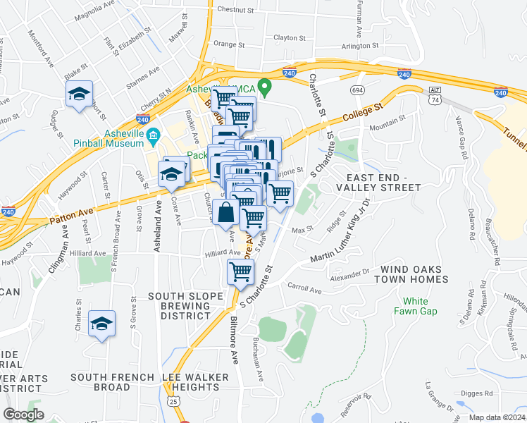 map of restaurants, bars, coffee shops, grocery stores, and more near 161 South Charlotte Street in Asheville