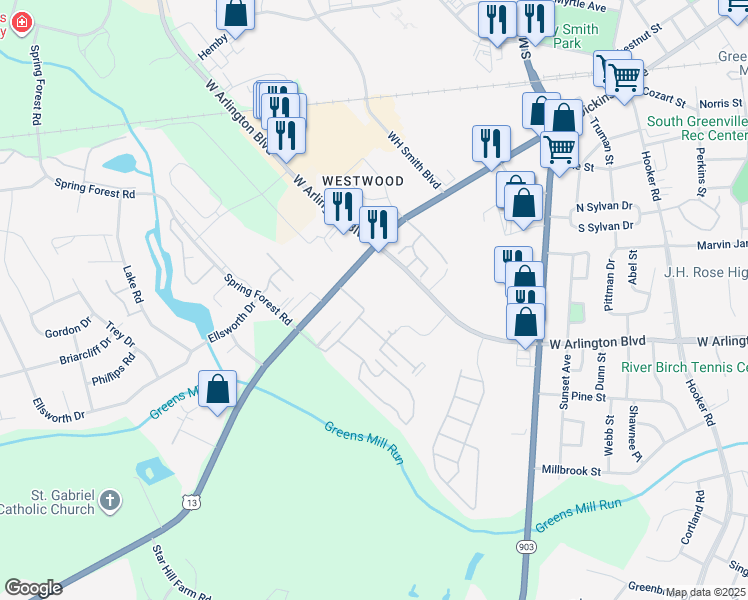 map of restaurants, bars, coffee shops, grocery stores, and more near 2715 Dickinson Avenue in Greenville