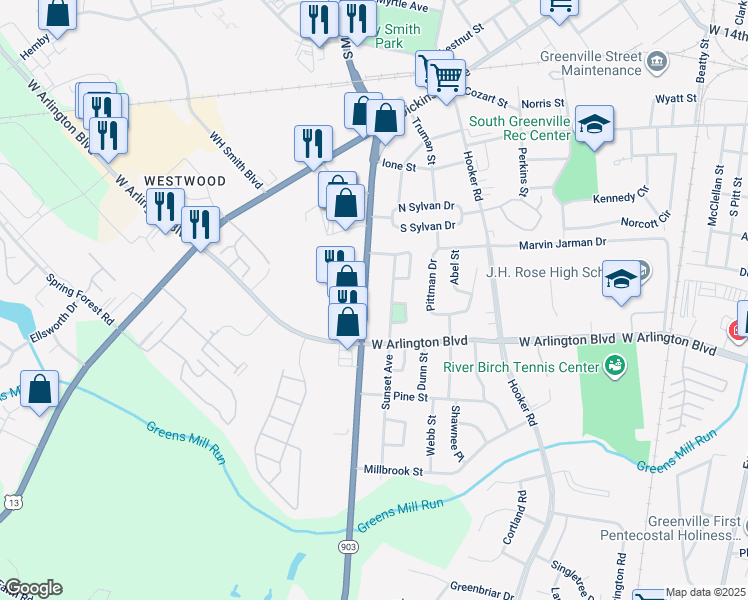 map of restaurants, bars, coffee shops, grocery stores, and more near 2521 South Memorial Drive in Greenville