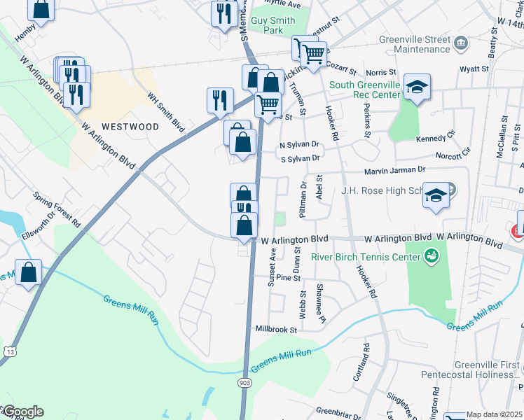 map of restaurants, bars, coffee shops, grocery stores, and more near 2521 South Memorial Drive in Greenville