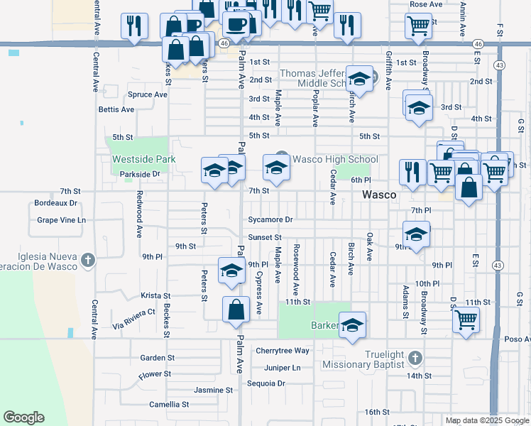 map of restaurants, bars, coffee shops, grocery stores, and more near 733 Maple Avenue in Wasco