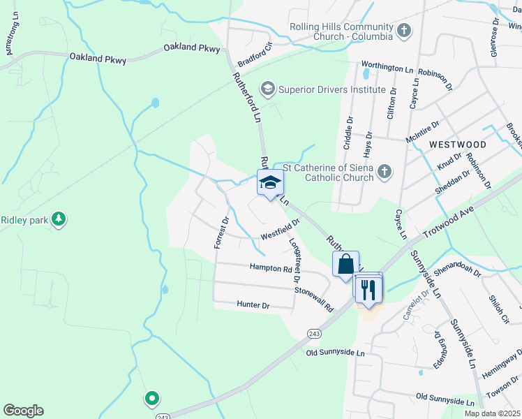 map of restaurants, bars, coffee shops, grocery stores, and more near 207 Rutherford Lane in Columbia