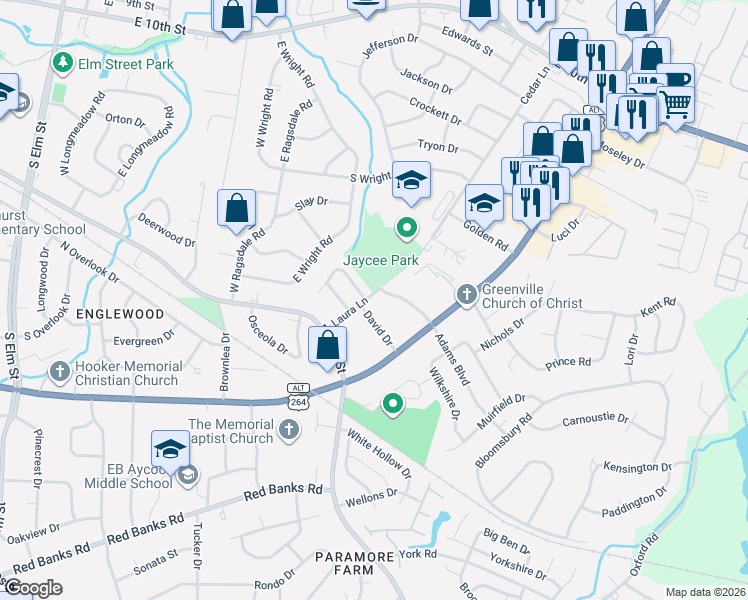 map of restaurants, bars, coffee shops, grocery stores, and more near 3005 Adams Boulevard in Greenville