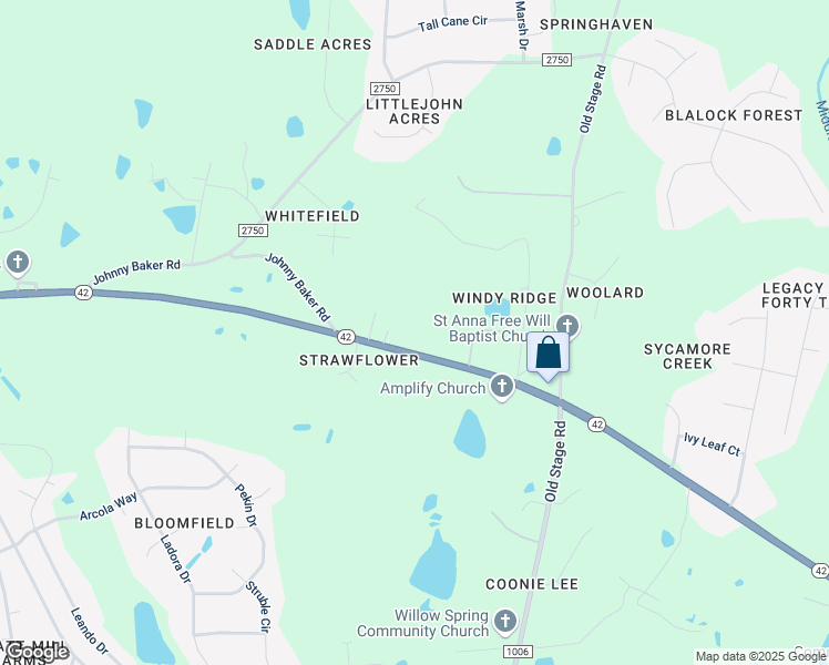 map of restaurants, bars, coffee shops, grocery stores, and more near 2733 North Carolina 42 in Wake County