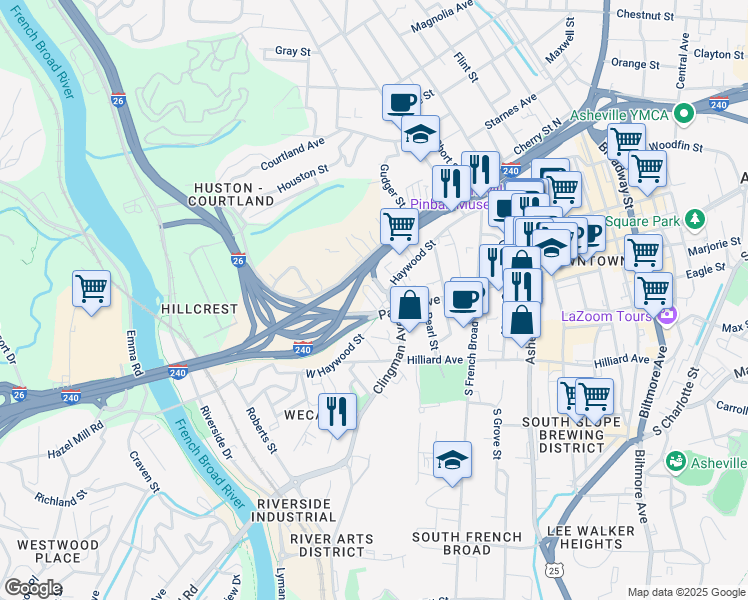 map of restaurants, bars, coffee shops, grocery stores, and more near 297 Haywood Street in Asheville