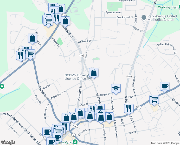 map of restaurants, bars, coffee shops, grocery stores, and more near 431 West Statesville Avenue in Mooresville