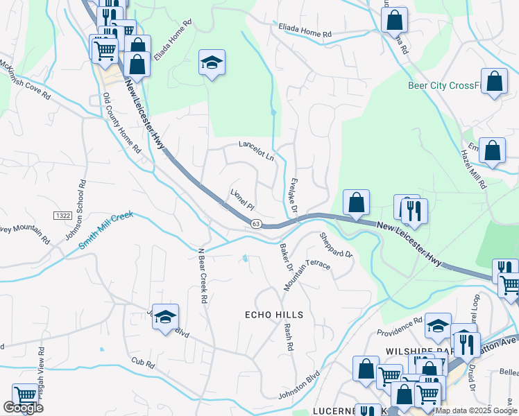 map of restaurants, bars, coffee shops, grocery stores, and more near 1 King Arthur Place in Asheville