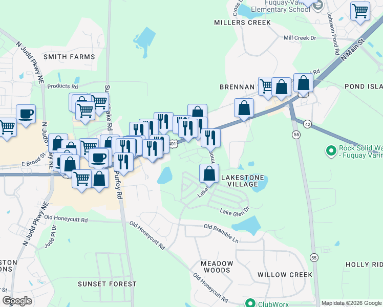 map of restaurants, bars, coffee shops, grocery stores, and more near 1450 North Main Street in Fuquay-Varina