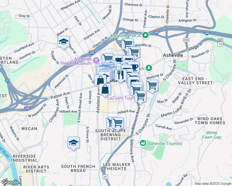 map of restaurants, bars, coffee shops, grocery stores, and more near 20 Buncombe Street in Asheville