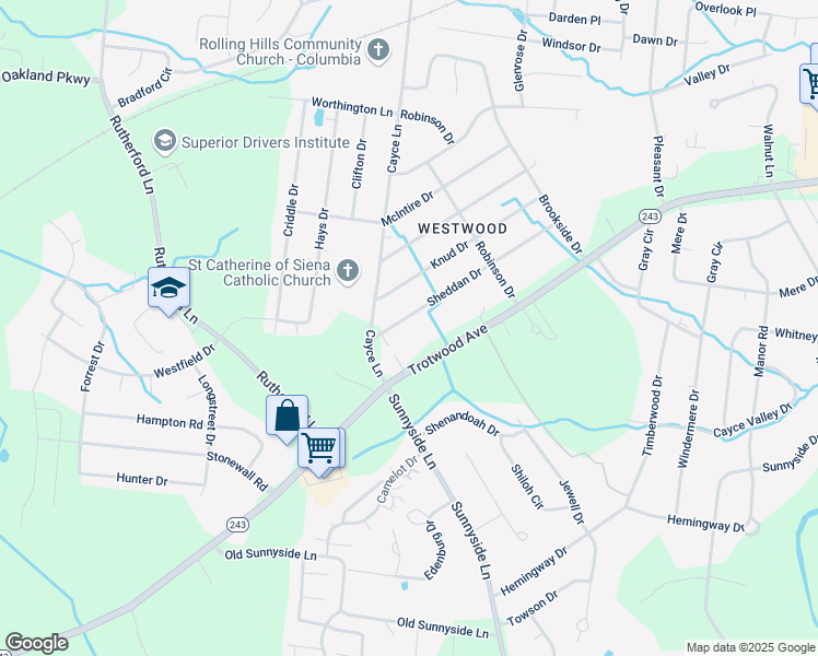 map of restaurants, bars, coffee shops, grocery stores, and more near 4023 Sheddan Drive in Columbia