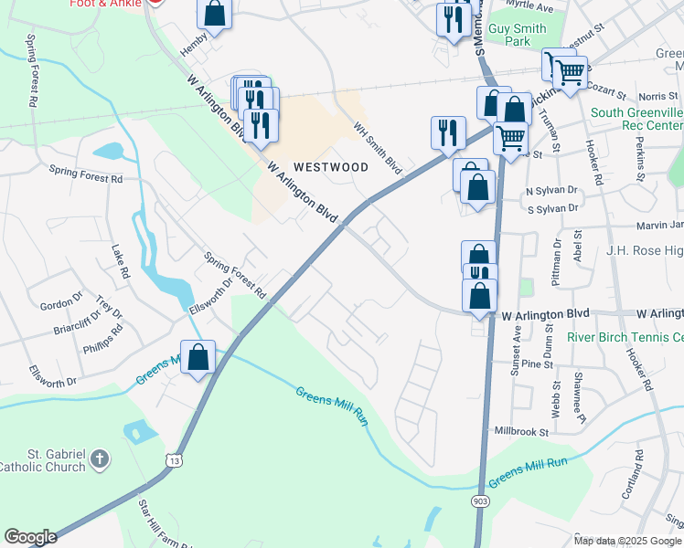 map of restaurants, bars, coffee shops, grocery stores, and more near 2715 Dickinson Avenue in Greenville