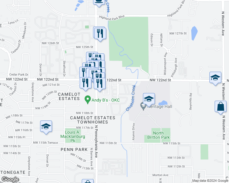 map of restaurants, bars, coffee shops, grocery stores, and more near 12123 Heritage Park Road in Oklahoma City