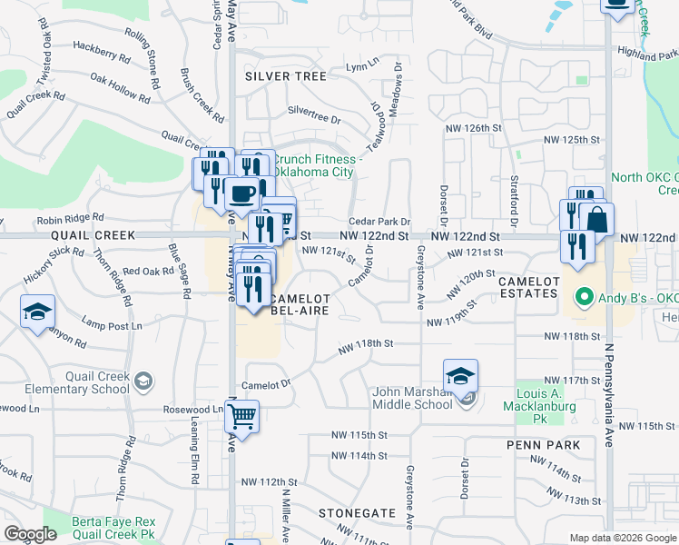 map of restaurants, bars, coffee shops, grocery stores, and more near 2604 Northwest 121st Street in Oklahoma City