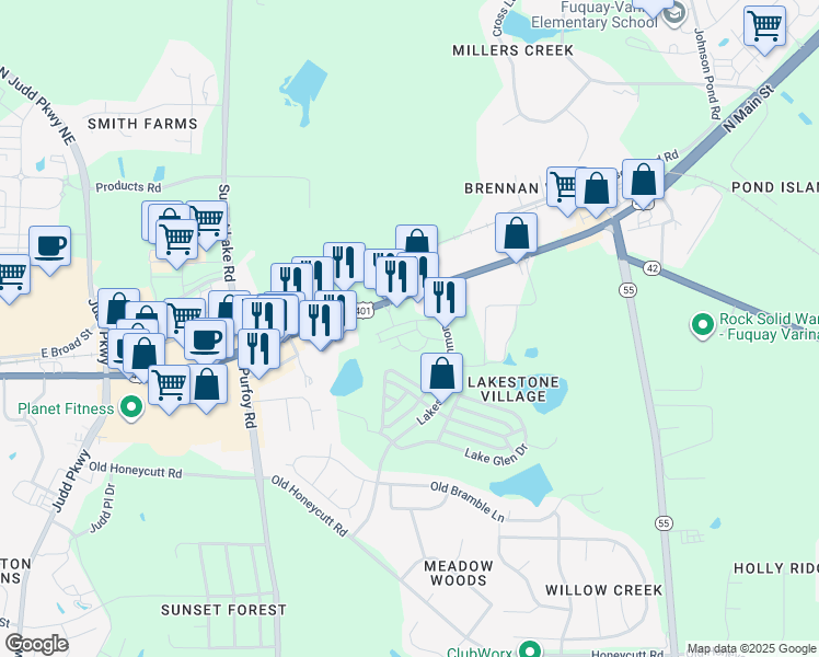 map of restaurants, bars, coffee shops, grocery stores, and more near 1450 North Main Street in Fuquay-Varina