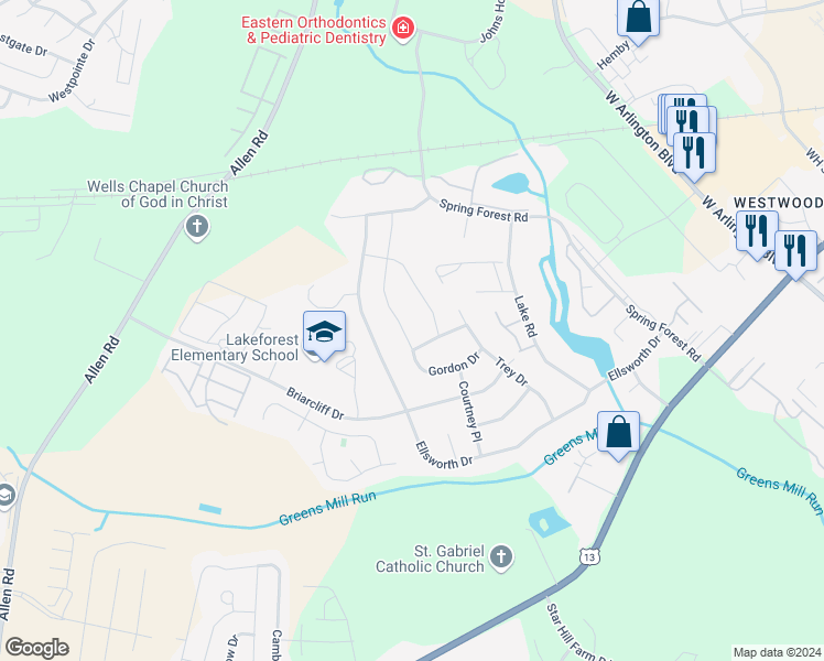 map of restaurants, bars, coffee shops, grocery stores, and more near 3202 Gordon Drive in Greenville