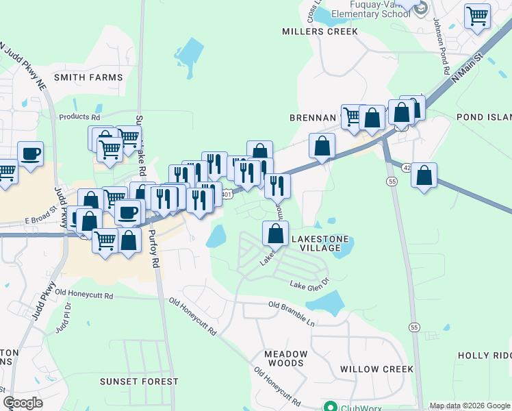 map of restaurants, bars, coffee shops, grocery stores, and more near 1480 North Main Street in Fuquay-Varina