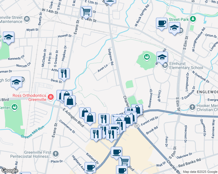 map of restaurants, bars, coffee shops, grocery stores, and more near 106 Stratford Road in Greenville