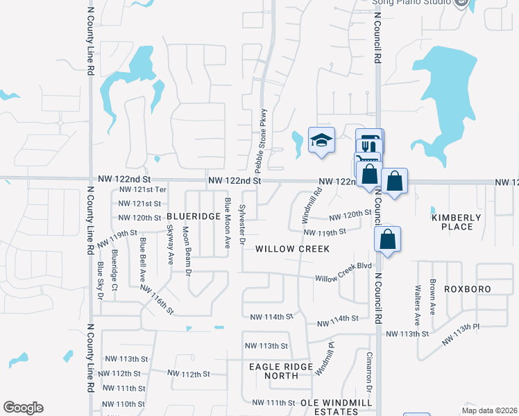 map of restaurants, bars, coffee shops, grocery stores, and more near 12100 Willow Way in Oklahoma City