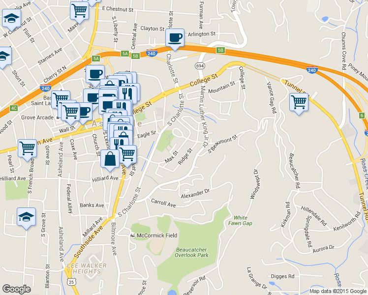 map of restaurants, bars, coffee shops, grocery stores, and more near 23 Max Street in Asheville