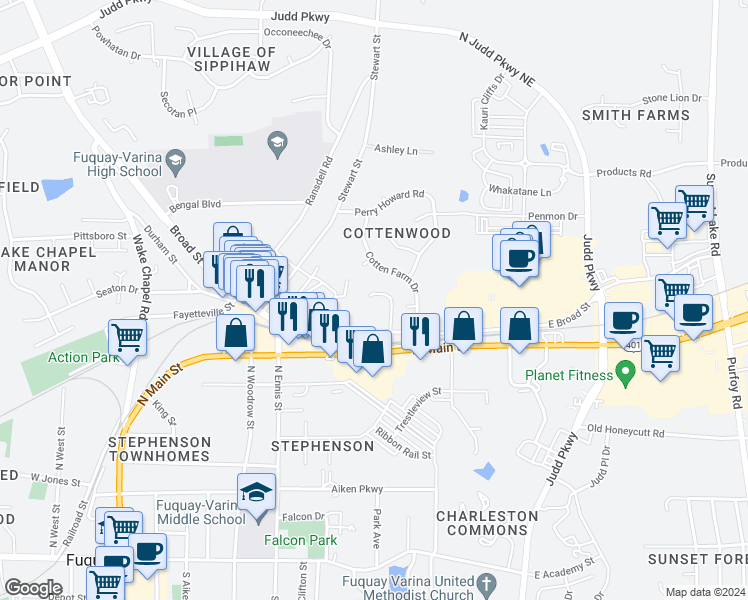 map of restaurants, bars, coffee shops, grocery stores, and more near 716 Barlang Circle in Fuquay-Varina